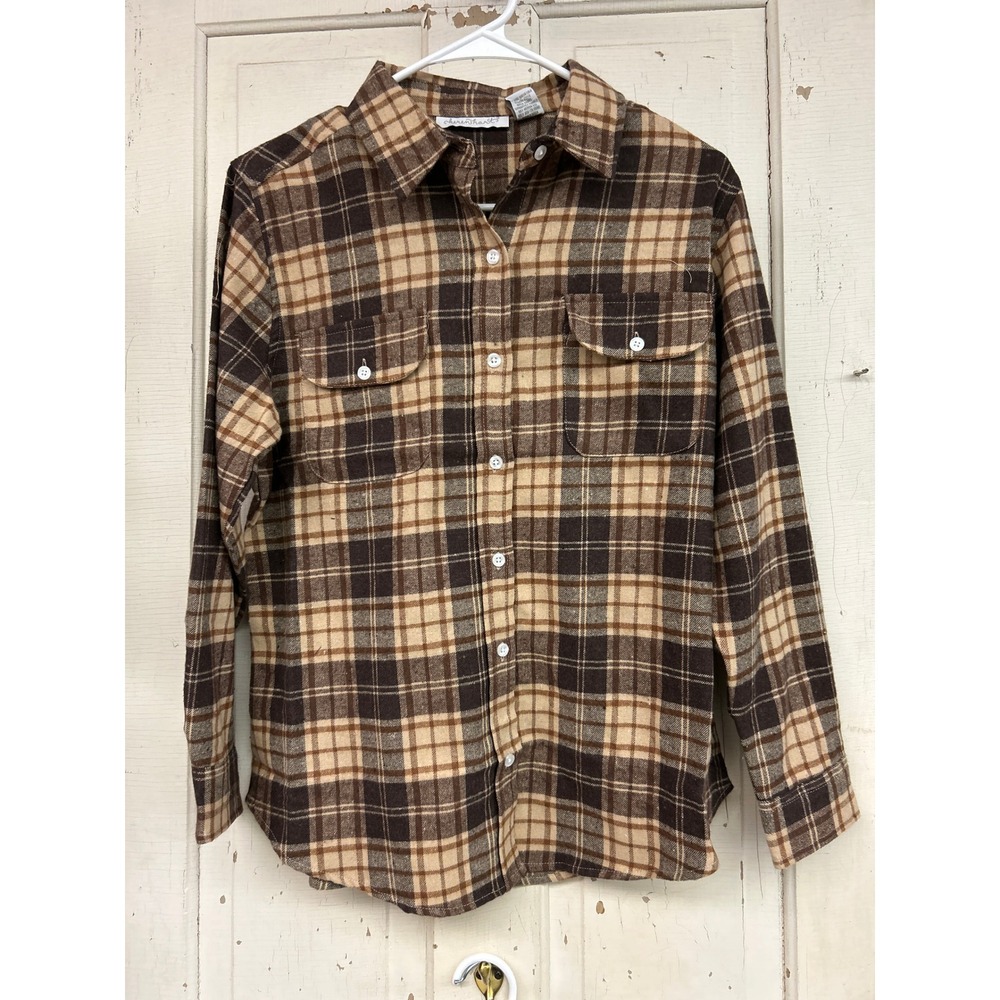 Keren Hart Brown Tan Plaid Flannel Button Down Shirt Womens Small Cotton